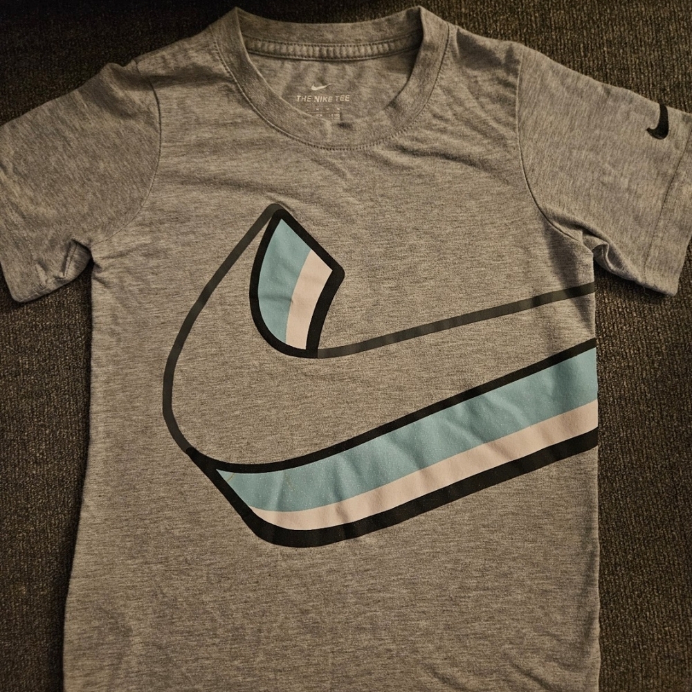 Nike Gray Tee with Blue and White Striped Swoosh